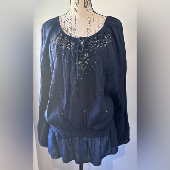 💙Charter Club Women's Blue Sequin Tie-Neck Blouse -💙 - Picture 3 of 10